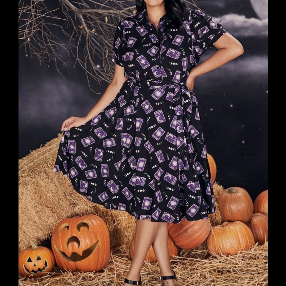 Modcloth Black and Purple Tarot-Print Midi Dress